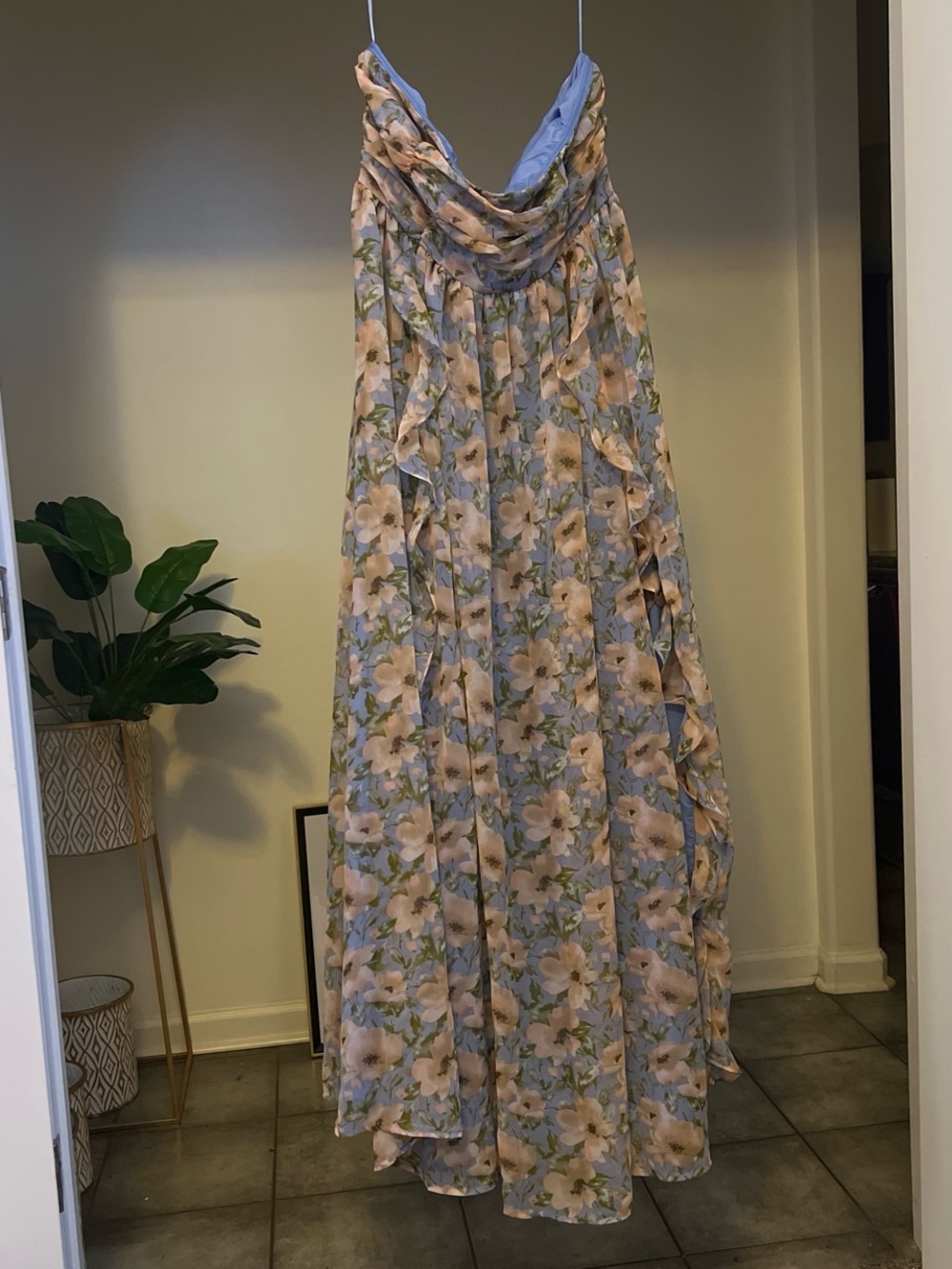 Fashion Nova Blue and Cream Floral Strapless Maxi Dress